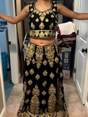 Ethnic Indian Wear Black and Gold Embellished A-Line Lehenga Set